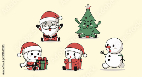 Adorable Christmas Characters - Santa Claus, Snowman, and Festive Tree.