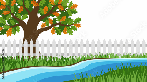 This tranquil riverside illustration features a large tree, flowing water, and a white picket fence, evoking a sense of peace, serenity, and connection to nature in a simplistic style.