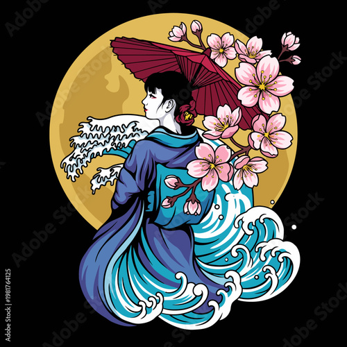 Foto Depicting a graceful figure under a cherry blossom tree, this artwork embraces traditional Japanese culture along with elements of nature's beauty and rich symbolism