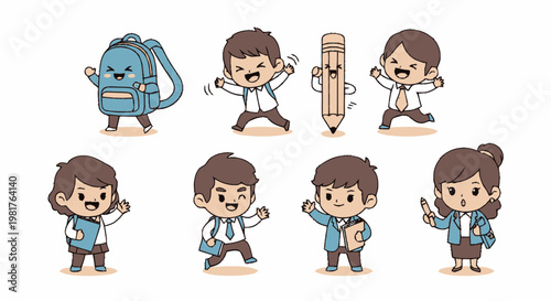 Cute Cartoon Characters Representing School, Education, and Learning.