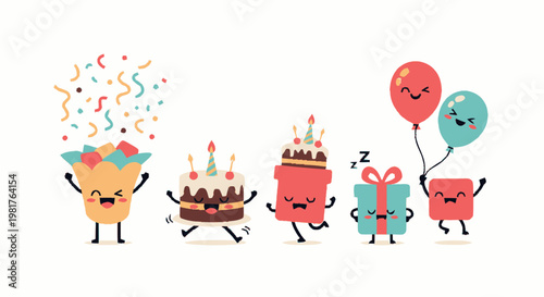 Cheerful Birthday Party Characters Celebrating with Balloons and Gifts.