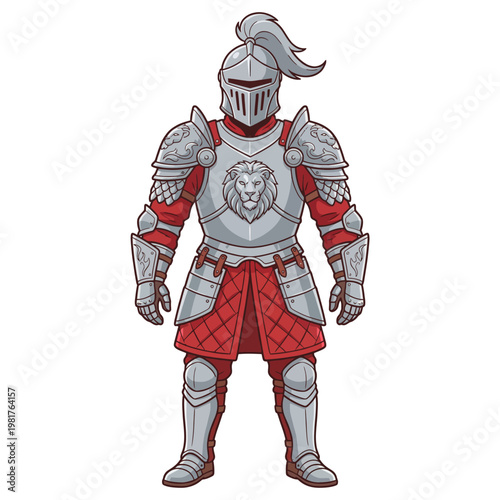 Photography This detailed illustration showcases a knight in shining armor, representing strength and bravery, with a lion emblem symbolizing courage and honor in battle and chivalry