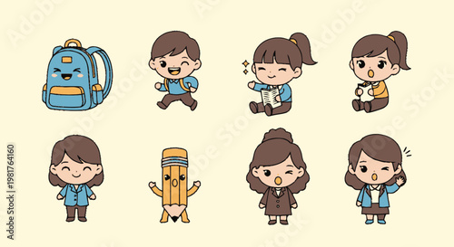 Cute Cartoon Characters Representing School and Education Concepts.