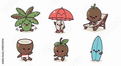 Adorable Coconut Characters Enjoying Summer Vacation and Tropical Fun.