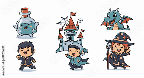 Cute Cartoon Fantasy Character Set With Castle.