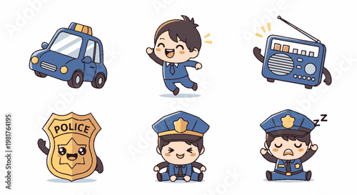 Cute cartoon police characters with car badge.