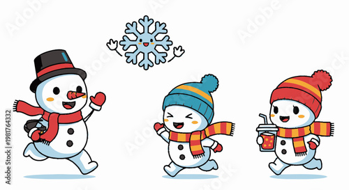 Cheerful Snowmen Characters Enjoying Winter Fun and Festive Season.