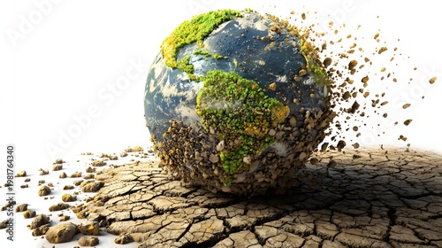 Cracked dry earth sphere isolated on white background, perfect for climate crisis, environmental awareness