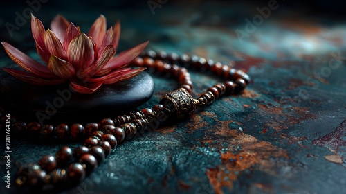 Lotus flower with prayer beads on stone surface in soft light, perfect for meditation themes, spa branding