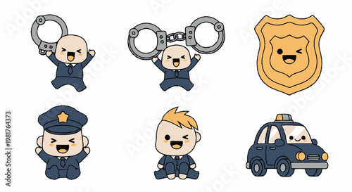 Cute Cartoon Police Officer Characters with Accessories and Vehicles.
