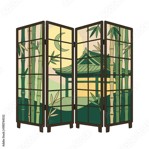 A beautifully designed folding screen inspired by bamboo and traditional architecture, ideal for interior decor and Asian-themed aesthetics. The artwork highlights tranquility and elegance.
