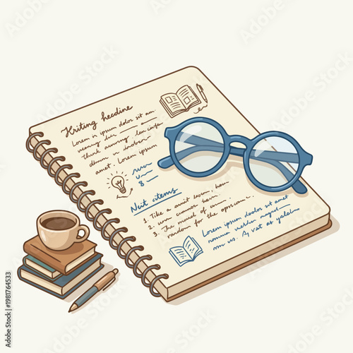 A playful illustration of a knitting journal alongside glasses and a coffee cup, embodying creativity, cozy pursuits, and a passion for crafting. Perfect for crafters and knitters.