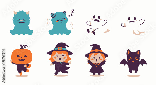Collection of Cute Halloween Characters in Various Poses and Expressions.