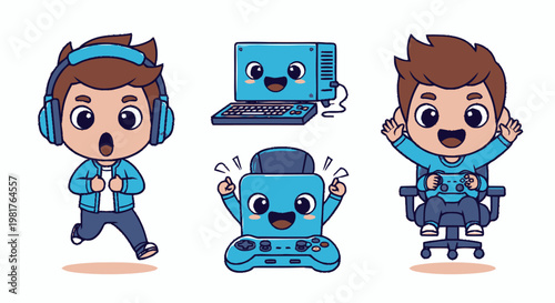 Joyful Cartoon Characters Celebrating Gaming and Technology Enthusiasts.