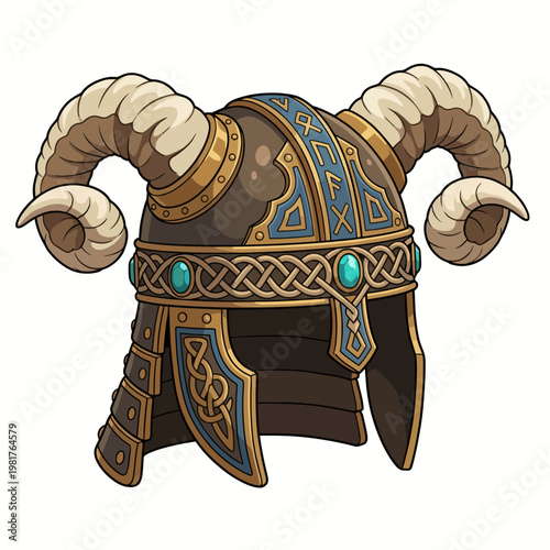 A beautifully crafted fantasy Viking helmet, featuring ornate blue patterns and majestic ram horns, symbolizes strength and warrior spirit in a mesmerizing design.