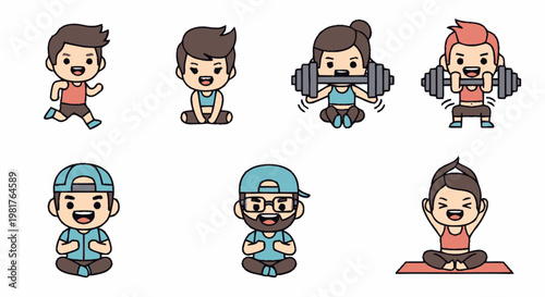 Cartoon Characters Exercising and Meditating in Various Poses for Fitness.