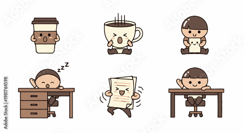 Cute Kawaii Coffee Cup And Office Character Set.