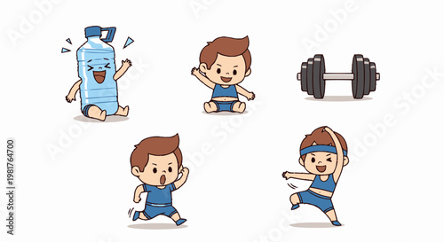 Cartoon Characters Exercising and Staying Hydrated for a Healthy Lifestyle.