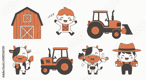 Cute Cartoon Farm Characters Featuring Tractor Cow Barn Child.