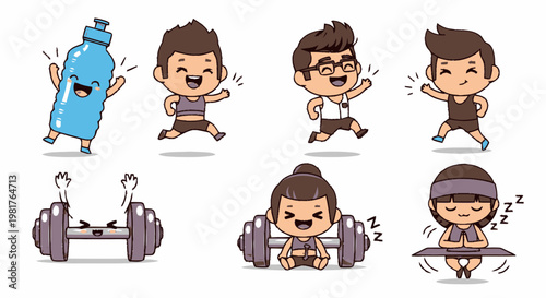 Cartoon Characters Exercising and Staying Healthy with Weights and Water Bottle.