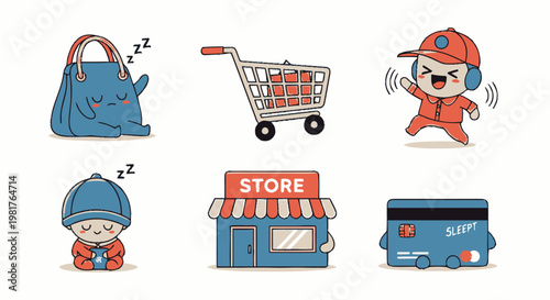Cute Cartoon Retail Icons Set Showing Shop Items.