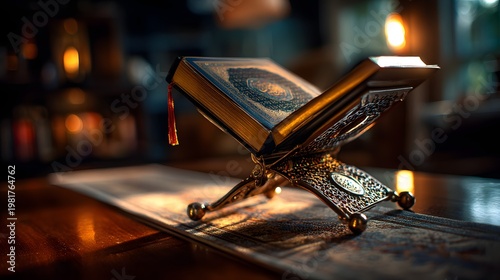 Open holy book on ornate stand with warm ambient light, perfect for faith study, spiritual reflection