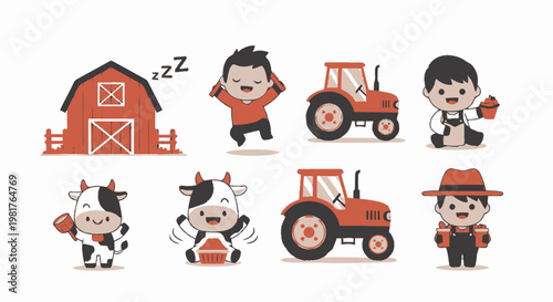 Cute Cartoon Farm Characters Tractor Cow Farmer Icons.