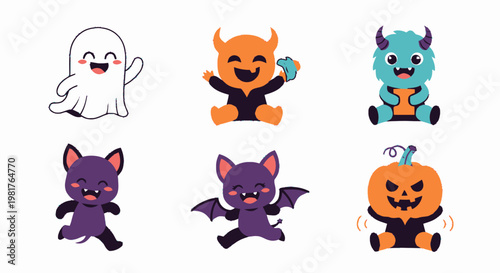 Adorable Halloween Characters - Ghost, Devil, Monster, Bat, and Pumpkin.