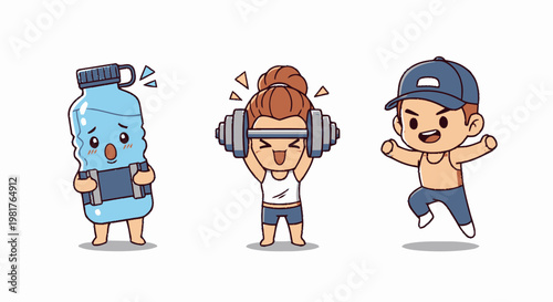 Cartoon Characters Exercising and Staying Hydrated with Water Bottle and Weights.