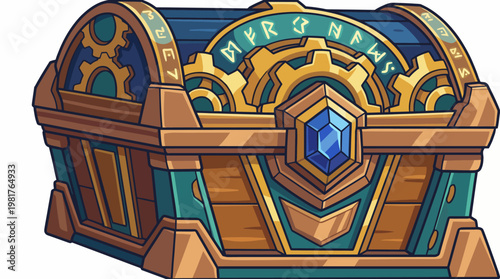 This colorful treasure chest design adorned with gears and jewels captures the imagination, reflecting adventure, discovery, and the allure of hidden riches.