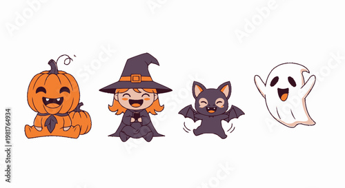 Adorable Halloween Characters - Pumpkin, Witch, Bat, and Ghost.