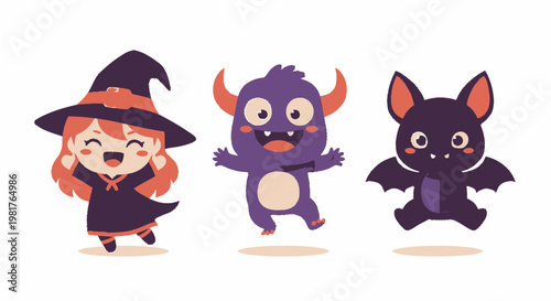 Adorable Halloween Characters - Witch, Monster, and Bat in Festive Celebration.