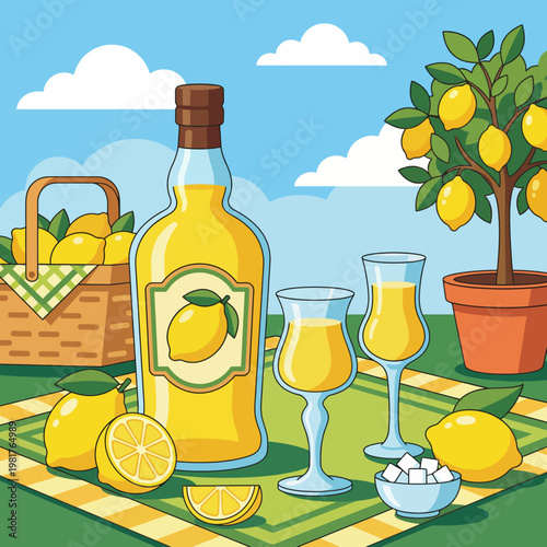 A bright and cheerful image depicting a bottle of lemonade, fresh lemons, and glasses on a picnic blanket, perfect for summer gatherings and refreshing drinks.