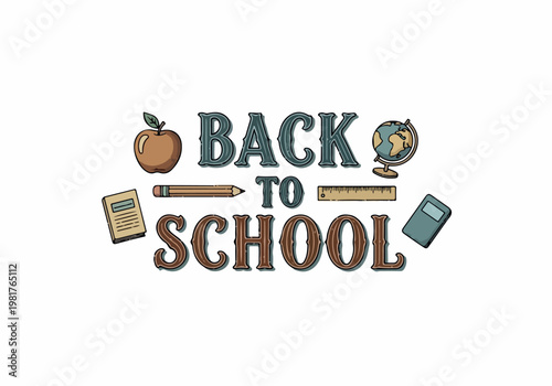 Vector drawing illustration for 'Back to School' with educational items like apples, books, and a globe