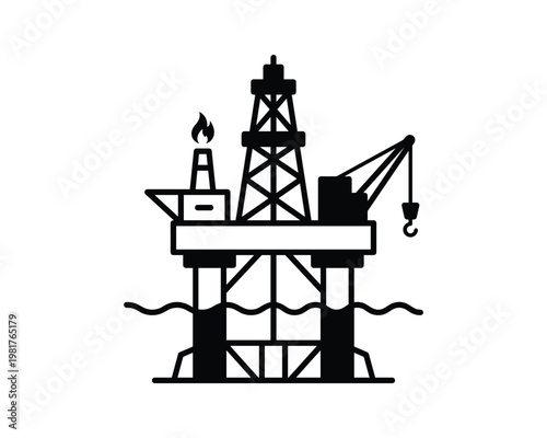 Black and White Oil Rig Platform Icon Illustration