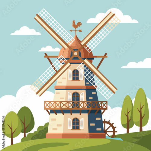 This image features a picturesque windmill with large sails, a vibrant rooster on top, and a backdrop of fluffy clouds and green trees, capturing a serene rural landscape.