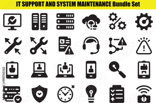 IT support and system maintenance bundle set of icons including computers servers tools and gadgets for technology and internet concepts  business solutions