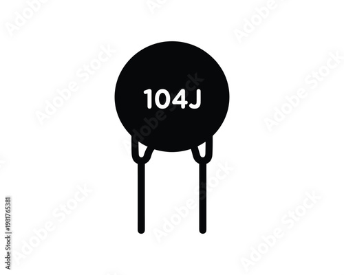 Black ceramic disc capacitor with 104J marking, electronic component