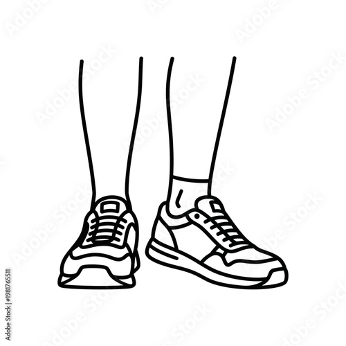 Line drawing of two legs and feet wearing sneakers, front view.
