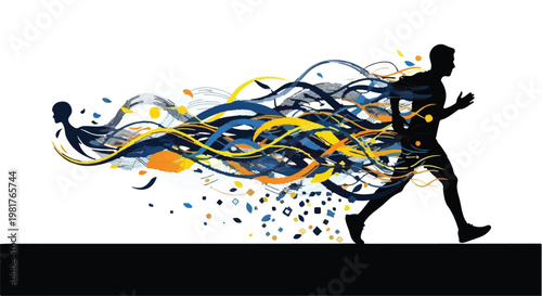 Runner sprints forward with a trail of swirling colorful energy, illustrating the momentum of human performance and the vibrant intersection of athleticism with digital technology design.