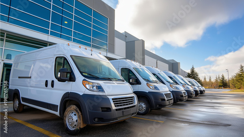A fleet of delivery vans lined up outside a warehouse ready for morning transportation routes in an organized logistics depot