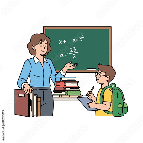 Teacher explaining math problem to student in classroom with books and chalkboard.