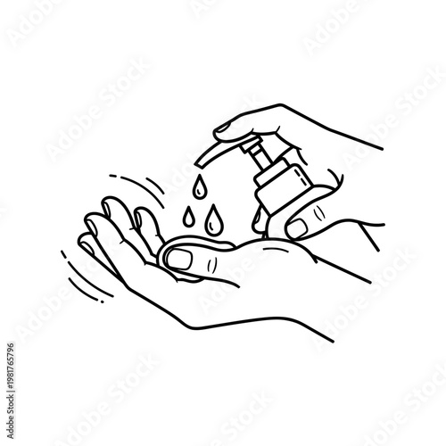 Hand hygiene illustration with soap dispenser and drops for cleanliness.