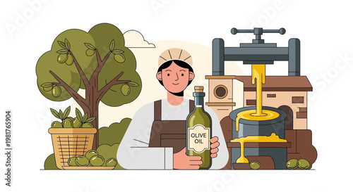 Olive Oil Production: Farmer with Bottle, Press Machine, and Olive Tree