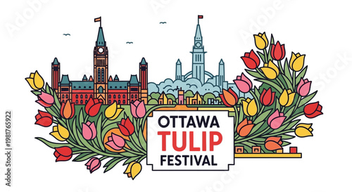 Ottawa Tulip Festival Skyline Illustration with Colorful Tulips