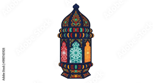 Ornate Ramadan Lantern with Colorful Glass Panels and Intricate Patterns