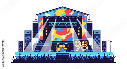 Outdoor Concert Stage with Drums and Crowd Silhouette