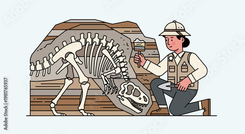 Paleontologist Excavating Dinosaur Skeleton Fossil in Dig Site