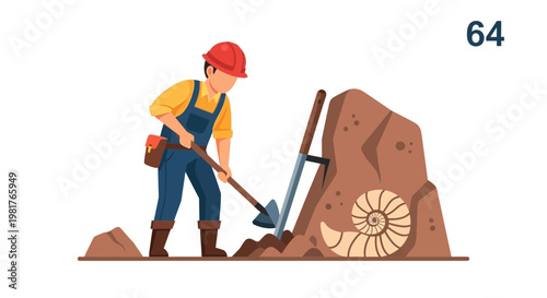 Paleontologist Excavating Fossilized Ammonite in Rocky Terrain