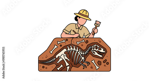Paleontologist Excavating Dinosaur Skeleton Fossil in Dig Site